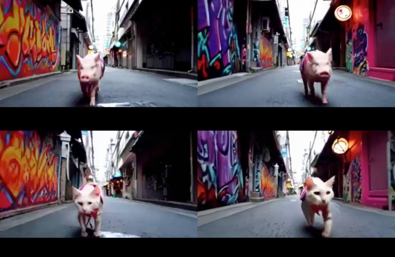 С помощью текстовой подсказки StreamDiT преобразует бегущую свинью из входного видео в кошку из выходного, демонстрируя редактирование видео на основе подсказок в реальном времени  