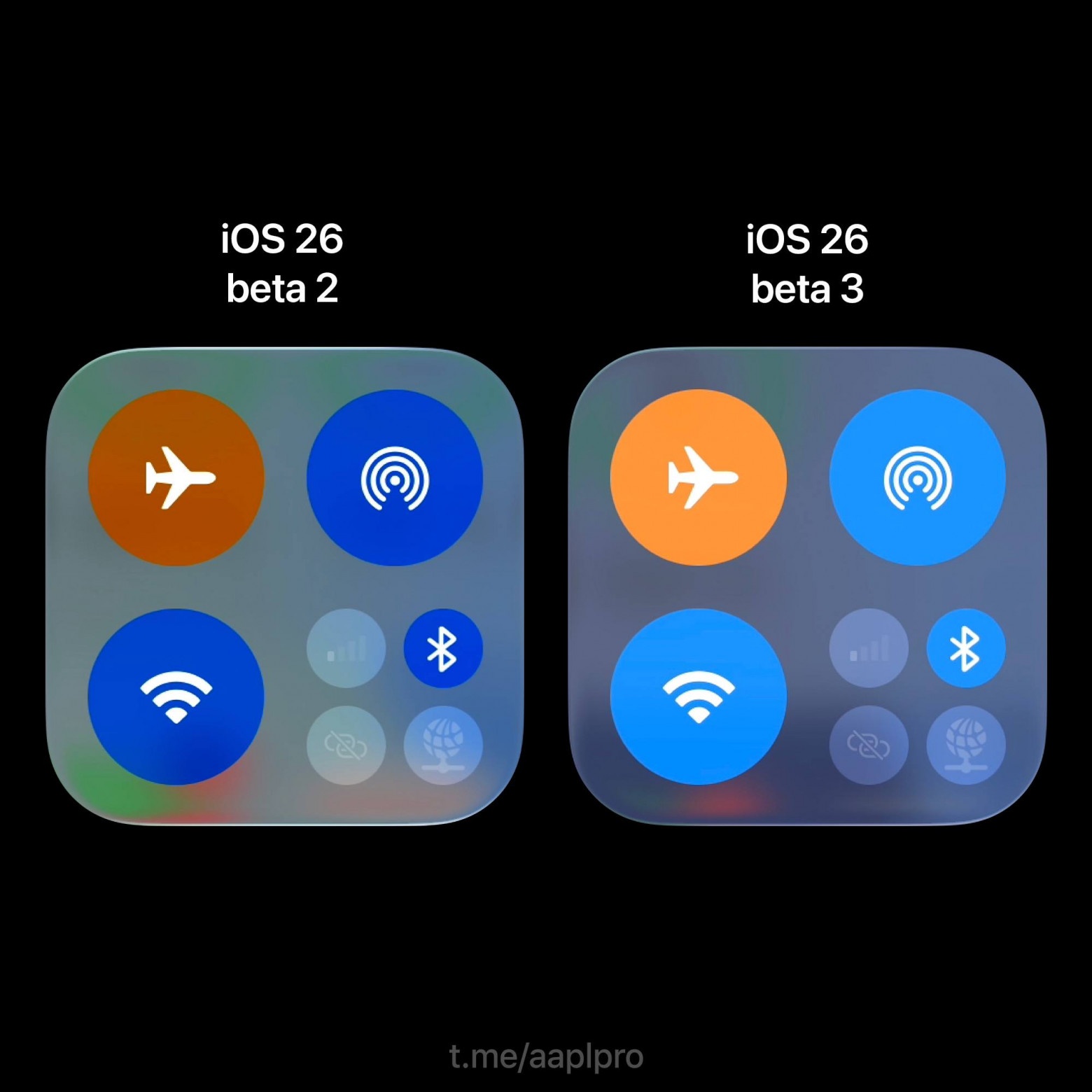 Пункт управления – иконки кнопок подключения к WiFi, Bluetooth, а также для авиарежима и AirDrop, теперь имеют более светлые оттенки