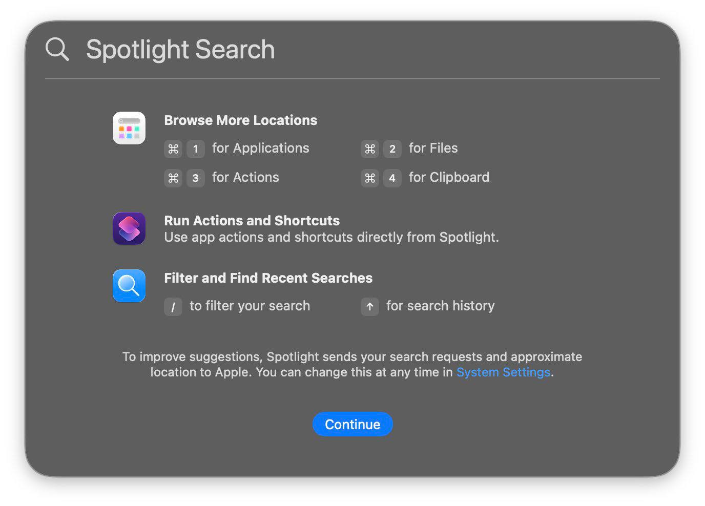 Новый приветственный экран в Поиске Spotlight с примерами использования свежей версии поисковика по системе