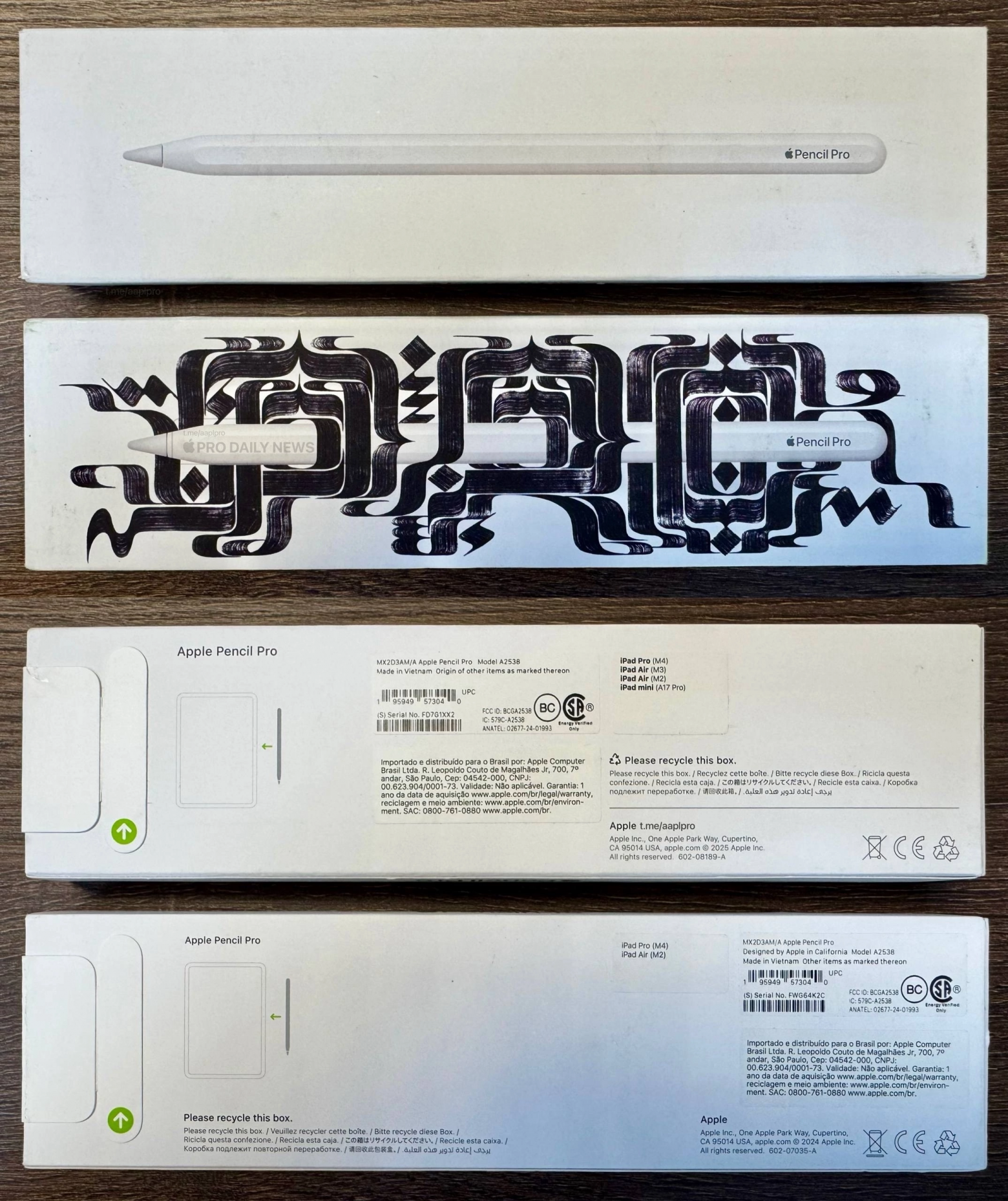 На задней части появились упоминания моделей iPad Air (M3) и iPad mini (A17 Pro) в качестве поддерживаемых, пропала надпись «Design by Apple in California» изменён год оформления коробки с 2024 на 2025 и добавился логотип переработки, как на всех современных упаковках Apple.