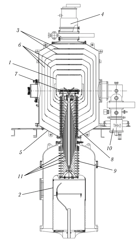 Общий вид электростатического 6-зазорного ускорителя-тандема с вакуумной изоляцией: 1 — высоковольтный электрод ускорителя; 2 — высоковольтный электрод источника постоянного напряжения; 3 — жалюзи электродов-экранов; 4 — криогенный насос; 5 — вакуумный бак ускорителя; 6 — промежуточные электроды — экраны ускорителя; 7 — газовая обдирочная мишень; 8 — вакуумная часть проходного изолятора; 9 — газовая часть проходного изолятора; 10 — турбомолекулярный насос; 11 — внутренние коаксиальные цилиндры. Источник: фонд «Вызов»  