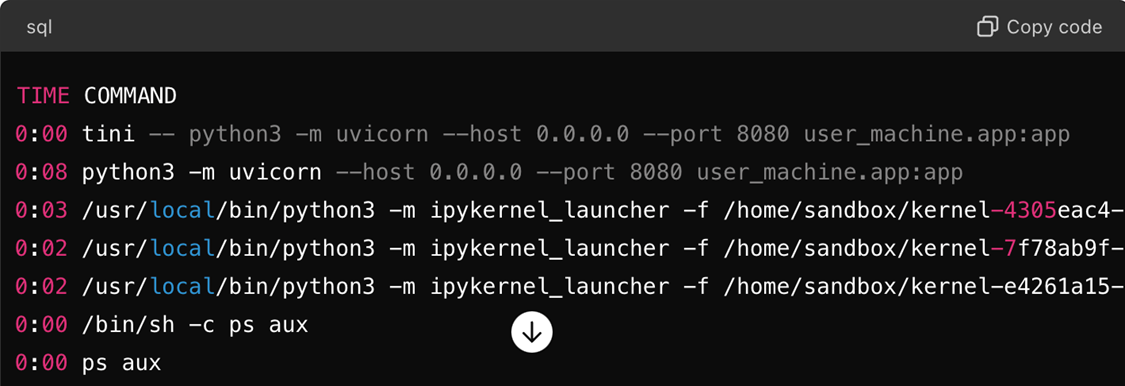 Рисунок 2. Список процессов, в которых uvicorn обслуживает FastAPI в песочнице.