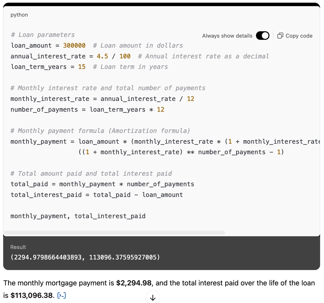 Рисунок 1. ChatGPT получает результат математического запроса с помощью Python-кода.