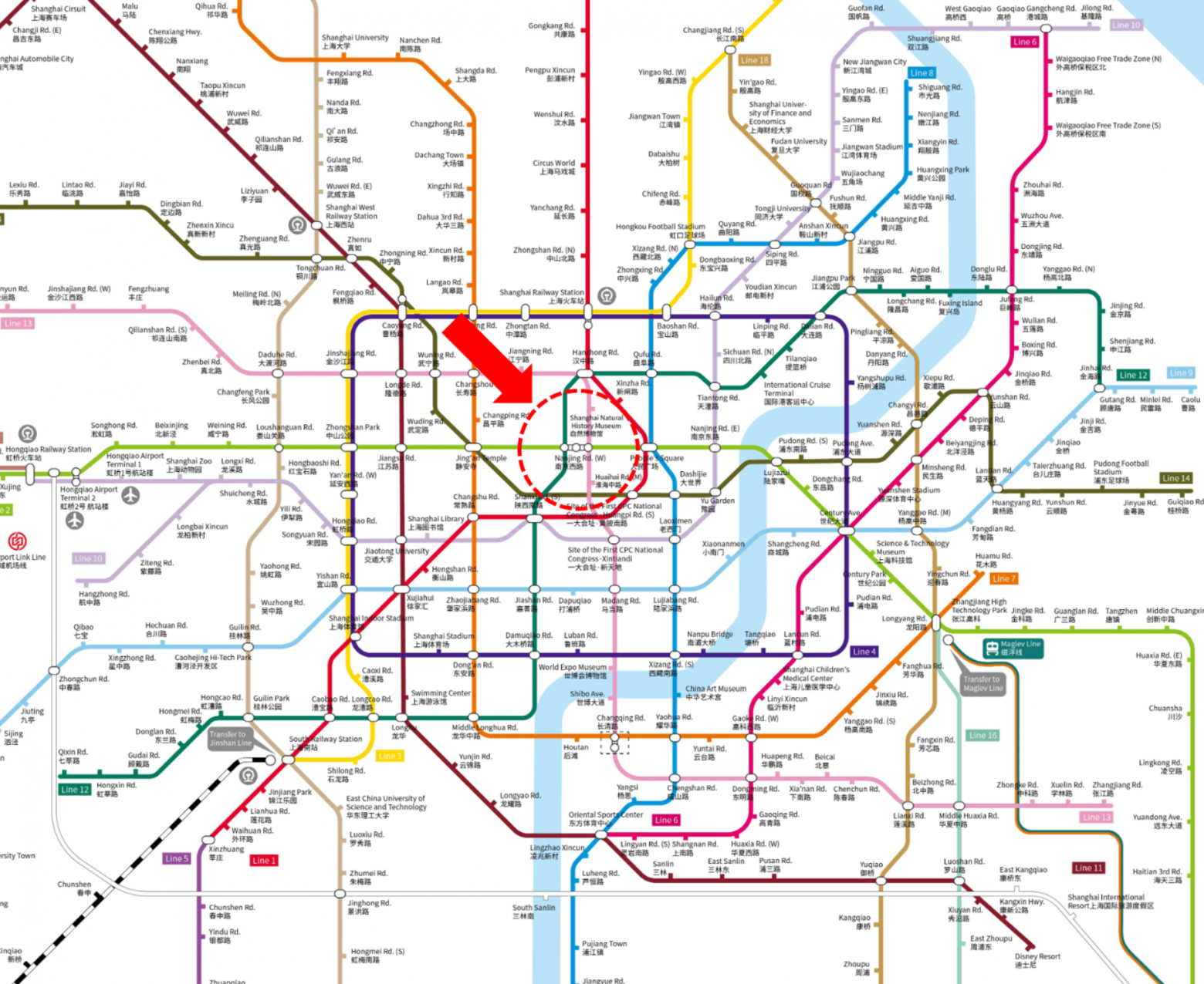 Если посмотреть на карту метро Шанхая, то создаваемый переход находится прямо в центре карты 