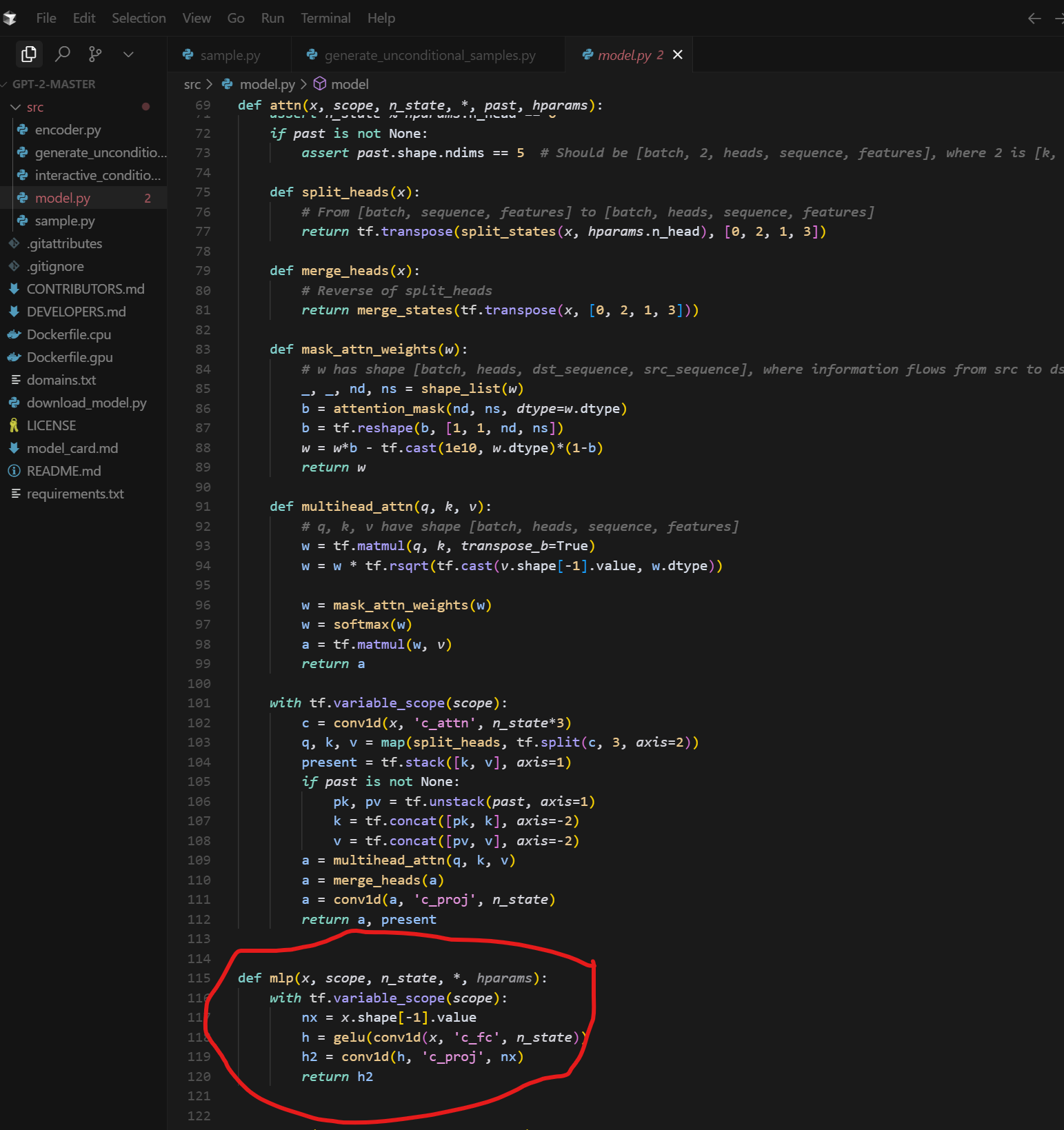 Вот этот кусочек и есть весь FFN в GPT-2. Видите там тоже проекции пространств - conv1d('c_fc'->'c_proj')
