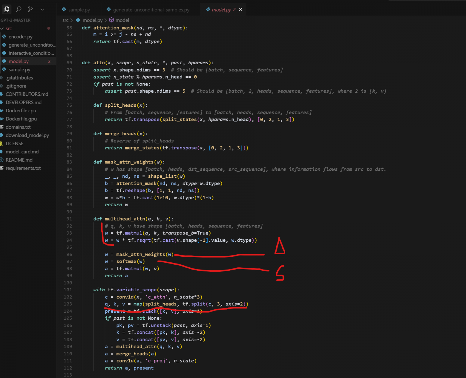 Вот так реализование внимание в GPT-2