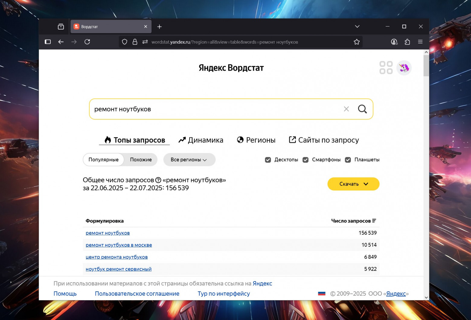 Яндекс.Вордстат: Собирает ключевые запросы, для построения семантического ядра и роста трафика.