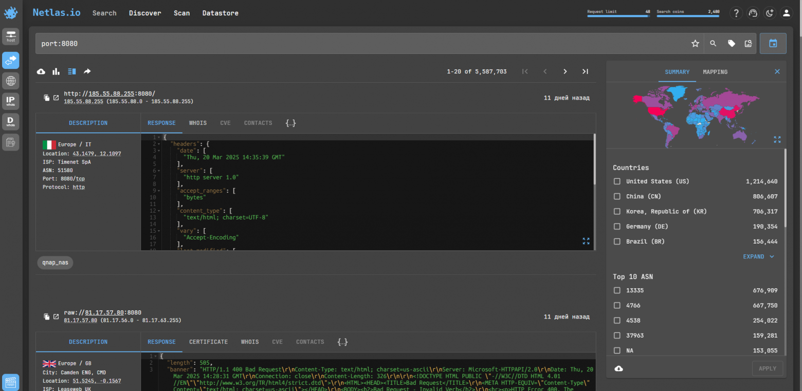  Скриншот демонстрирует результаты запроса port:8080 в платформе Netlas.io
