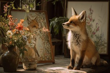 Лисичка любуется картиной, Midjourney