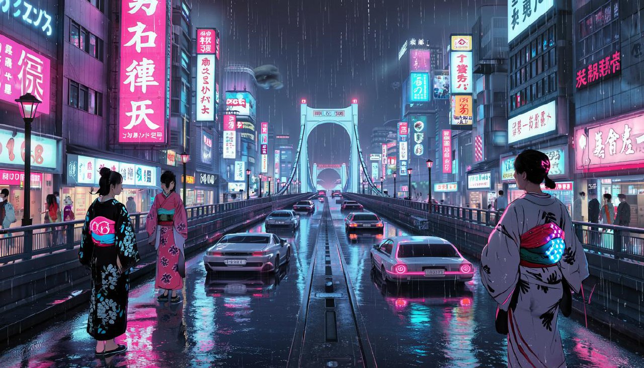 Изображения, сгенерированные нейросетью Kandinsky по подобному промпту с указанием деталей и технических параметров: город 2180 года, стиль японской гравюры укие-эр