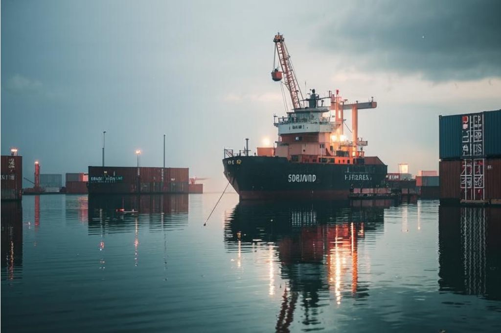 Изображение, сгенерированное нейросетью Kandinsky по подробному промпту с указанием деталей и технических параметров: морской порт