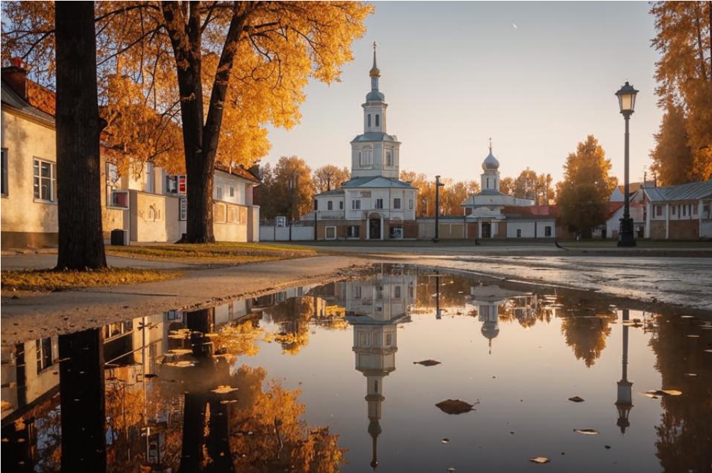 Изображение, сгенерированное нейросетью Kandinsky по подробному промпту с указанием деталей и технических параметров: осеннее утро в маленьком городке Изображение, сгенерированное нейросетью Kandinsky по подробному промпту с указанием деталей и технических параметров: осеннее утро в маленьком городке