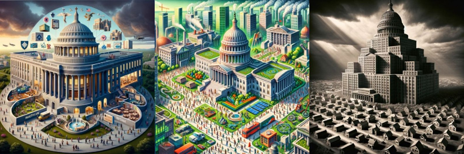 Картинки на тему размера госаппарата и его услуг. Слева направо: общая перспектива, левая, правая. doi:10.1016/j.jebo.2025.106904