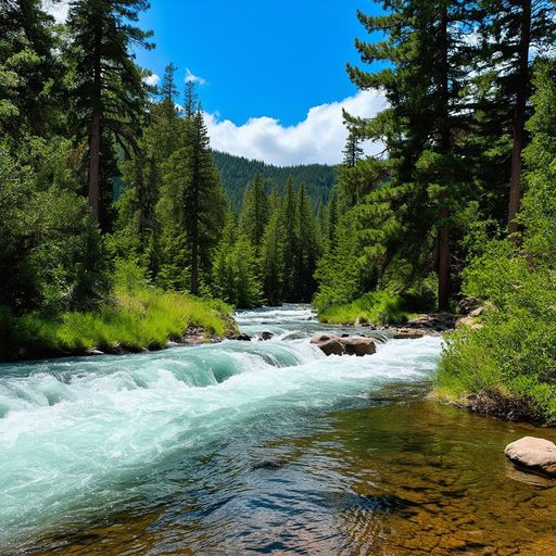 (красивый хвойный лес), ((река,текущая через него)), голубое небо  