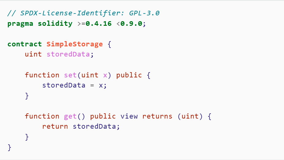 Пример смарт-контракта Solidity, который реализует очень базовую модель хранения одного числового значения в блокчейне