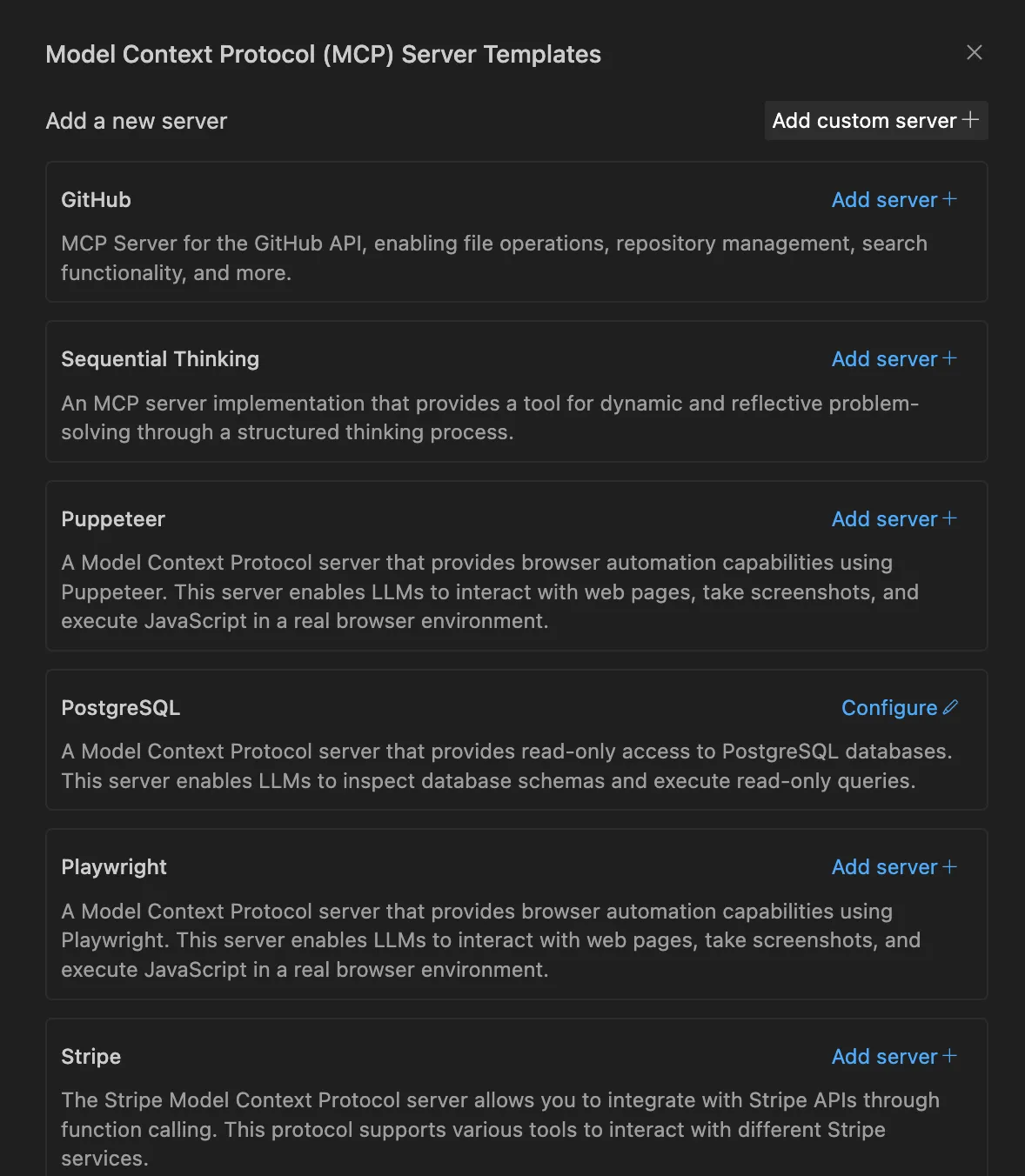 Windsurf поддерживает несколько MCP-серверов. Я выбрал PostgreSQL MCP Server. Windsurf поддерживает несколько MCP-серверов. Я выбрал PostgreSQL MCP Server.