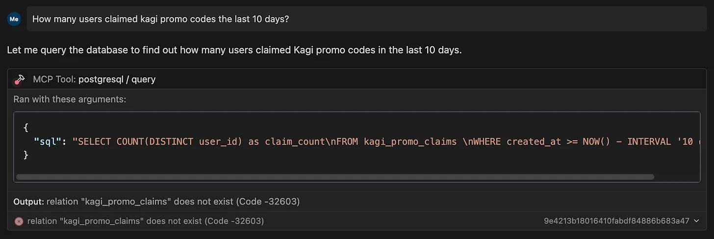 LLM попыталась использовать мою базу PostgreSQL, но указала несуществующее имя таблицы.