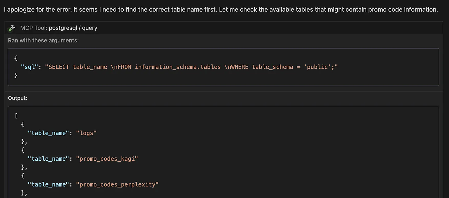 LLM начинает корректно использовать PostgreSQL MCP Server и определяет, к каким таблицам у неё есть доступ.