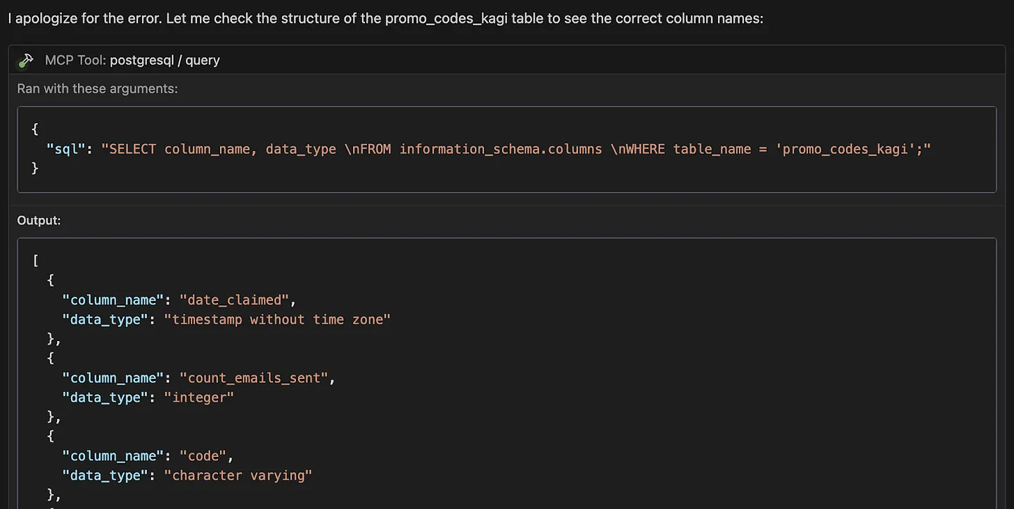 LLM использует PostgreSQL MCP Server, чтобы самокорректироваться.