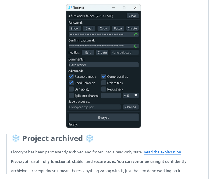 Автор Picocrypt прекратил разработку проекта и заархивировал это решение - 1