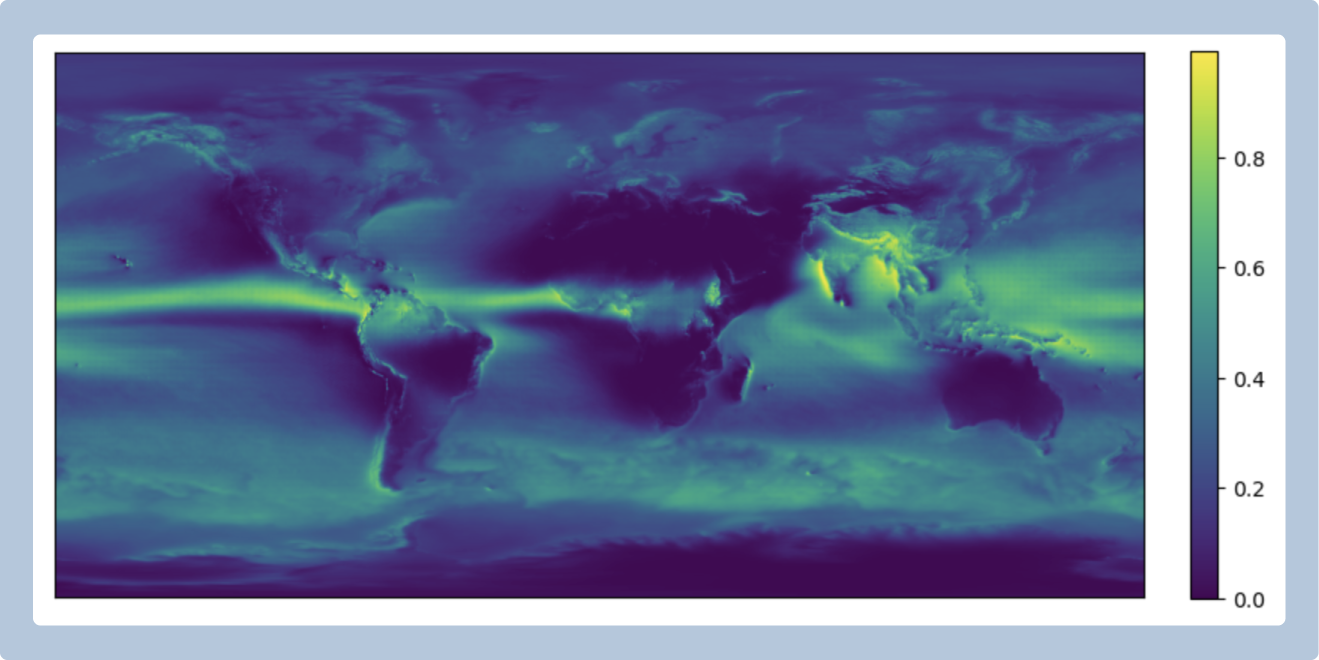 Поле вероятности выпадения осадков внутри 12-часового интервала в июле на основе данных за последние 30 лет
