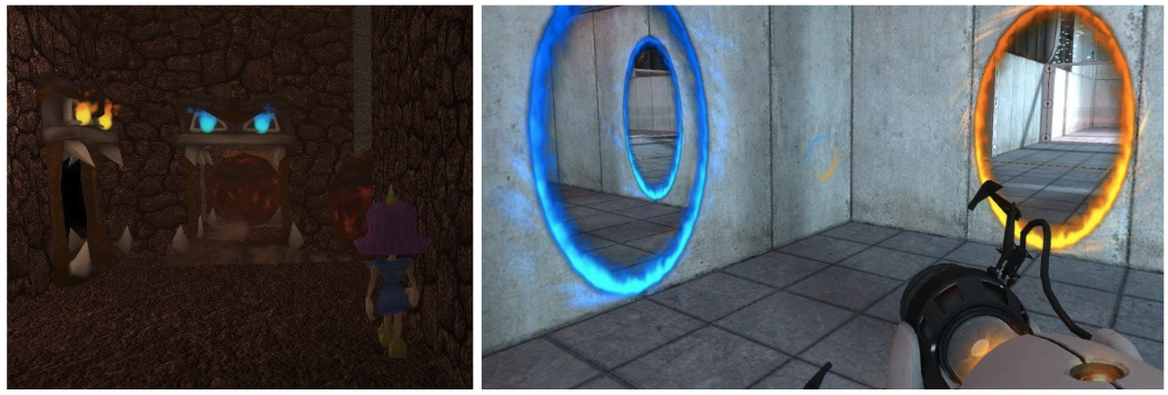 Порталы представляют собой пасти чудовищ с оранжевыми или голубыми глазами. Очень напоминает концепцию будущей Portal