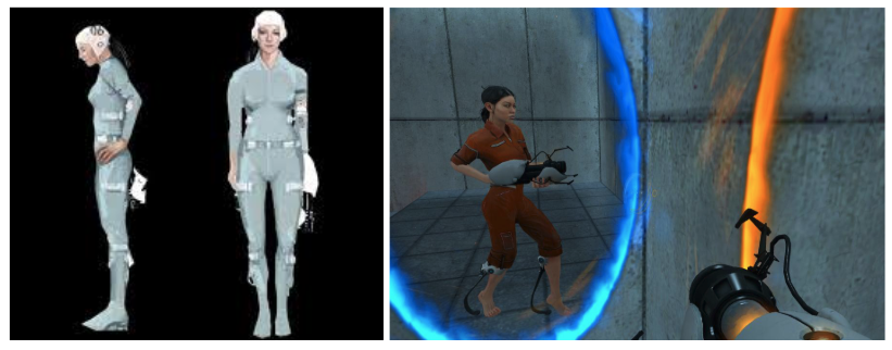 Слева — ранний концепт персонажа. Справа — итоговая модель, с пружинами на ногах, защищающих главную героиню от падения с большой высоты
