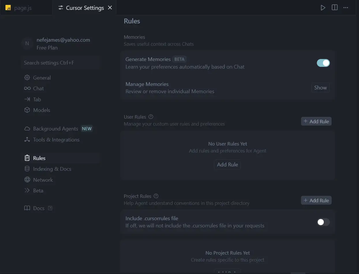 Интерфейс настройки правил в Cursor