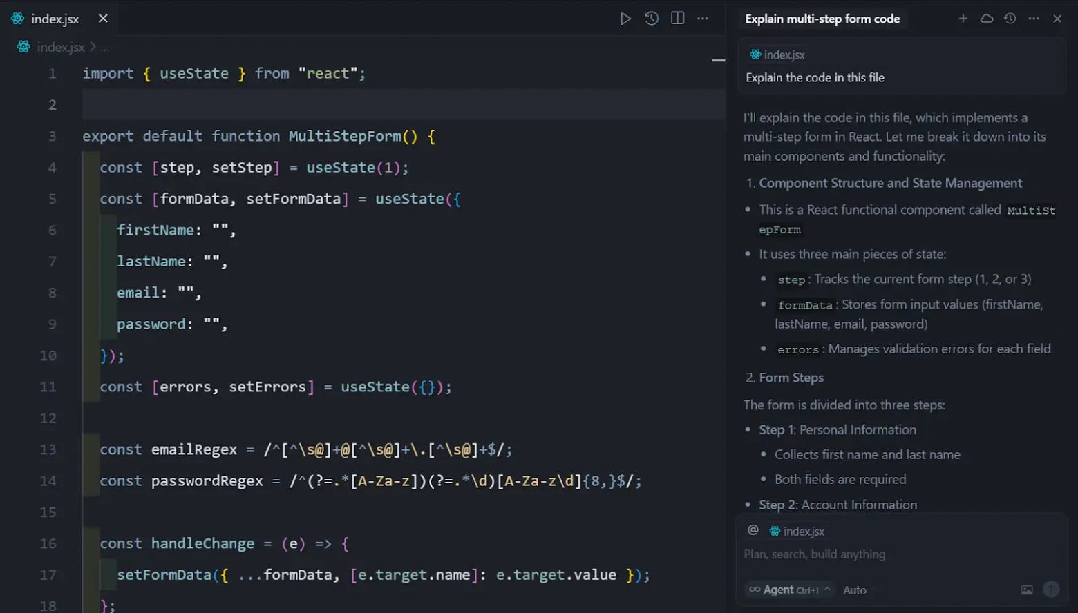 AI-ассистент Cursor, объясняющий фрагмент React-кода в файле index.js  