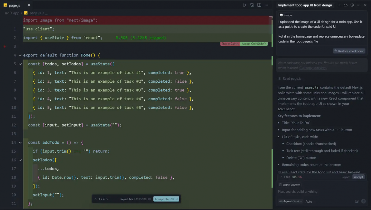 React.js код для to-do приложения, сгенерированный AI-ассистентом Cursor