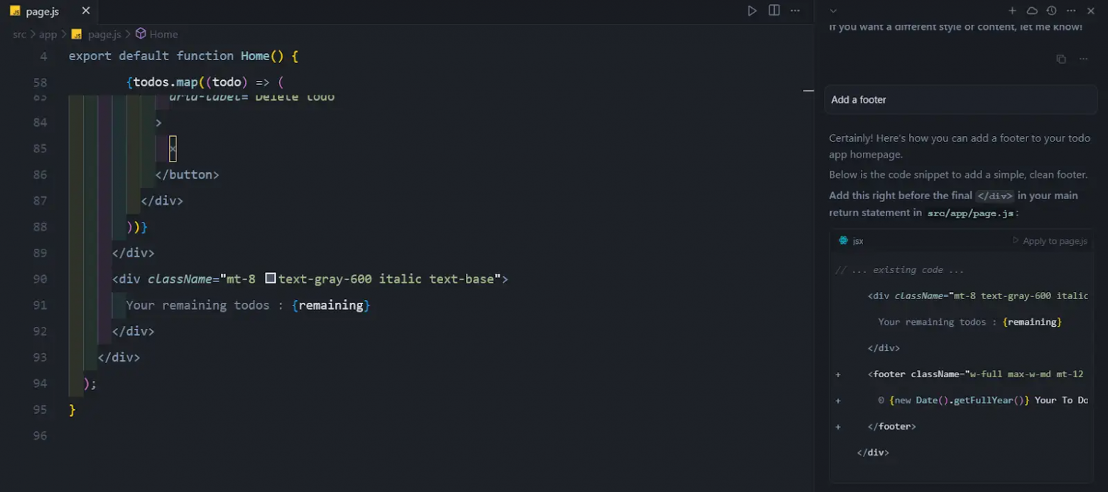 Cursor сгенерировал код для элемента footer по запросу