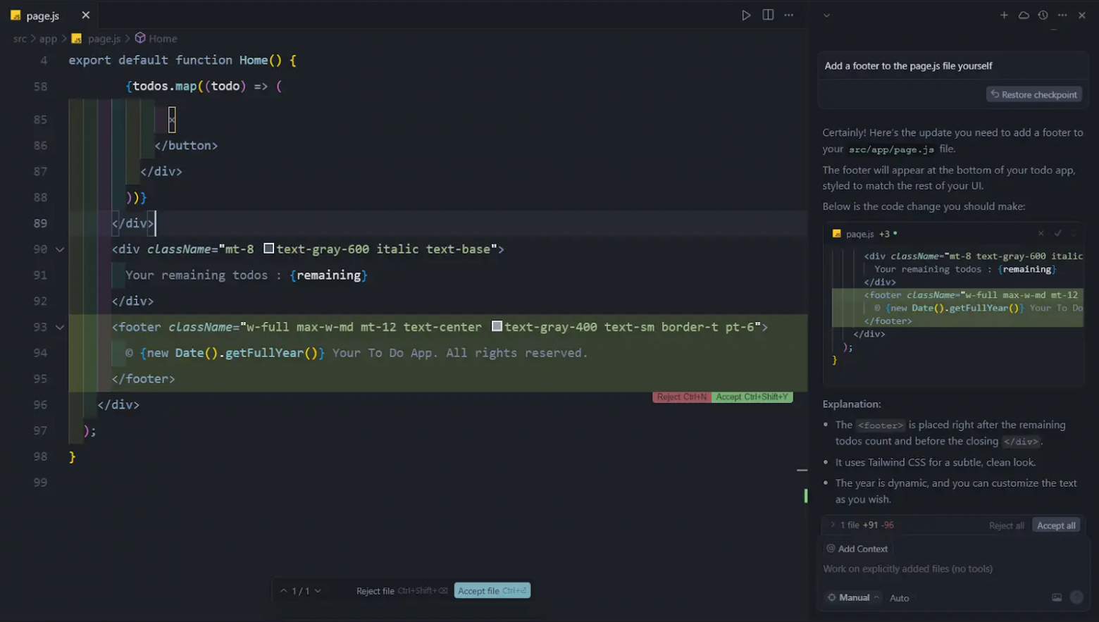 Manual mode в Cursor вносит запрошенные изменения в codebase