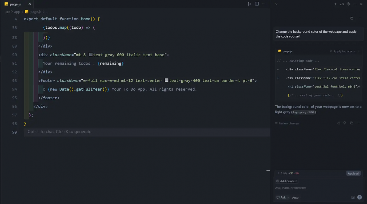 “Ask” mode в Cursor сгенерировал код по запросу