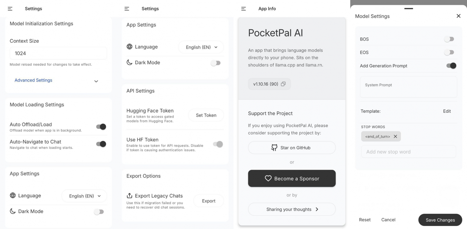 Настройки и Отправить отзыв в PocketPal