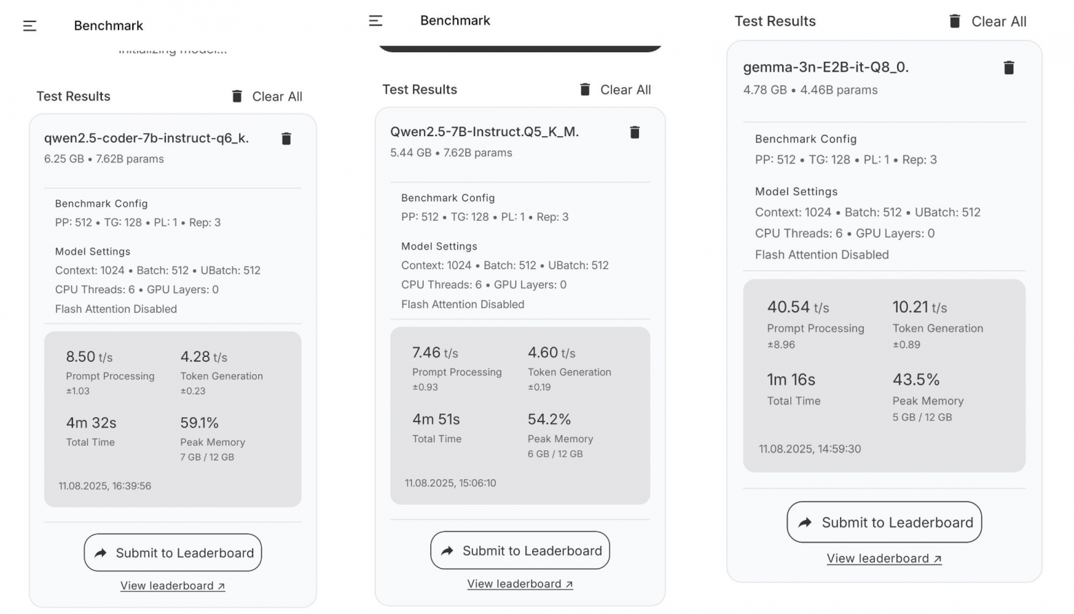 Бенчмарки работы разных моделей в PocketPal на Samsung S24 Ultra