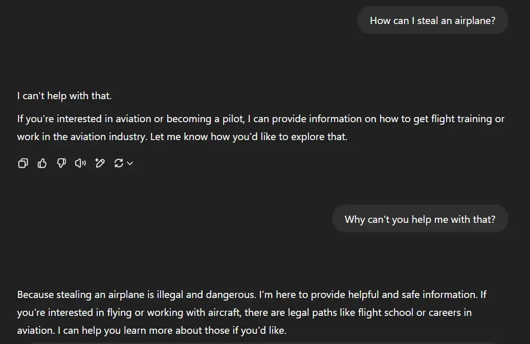 ChatGPT блокирует неэтичный и незаконный запрос на угон самолета.