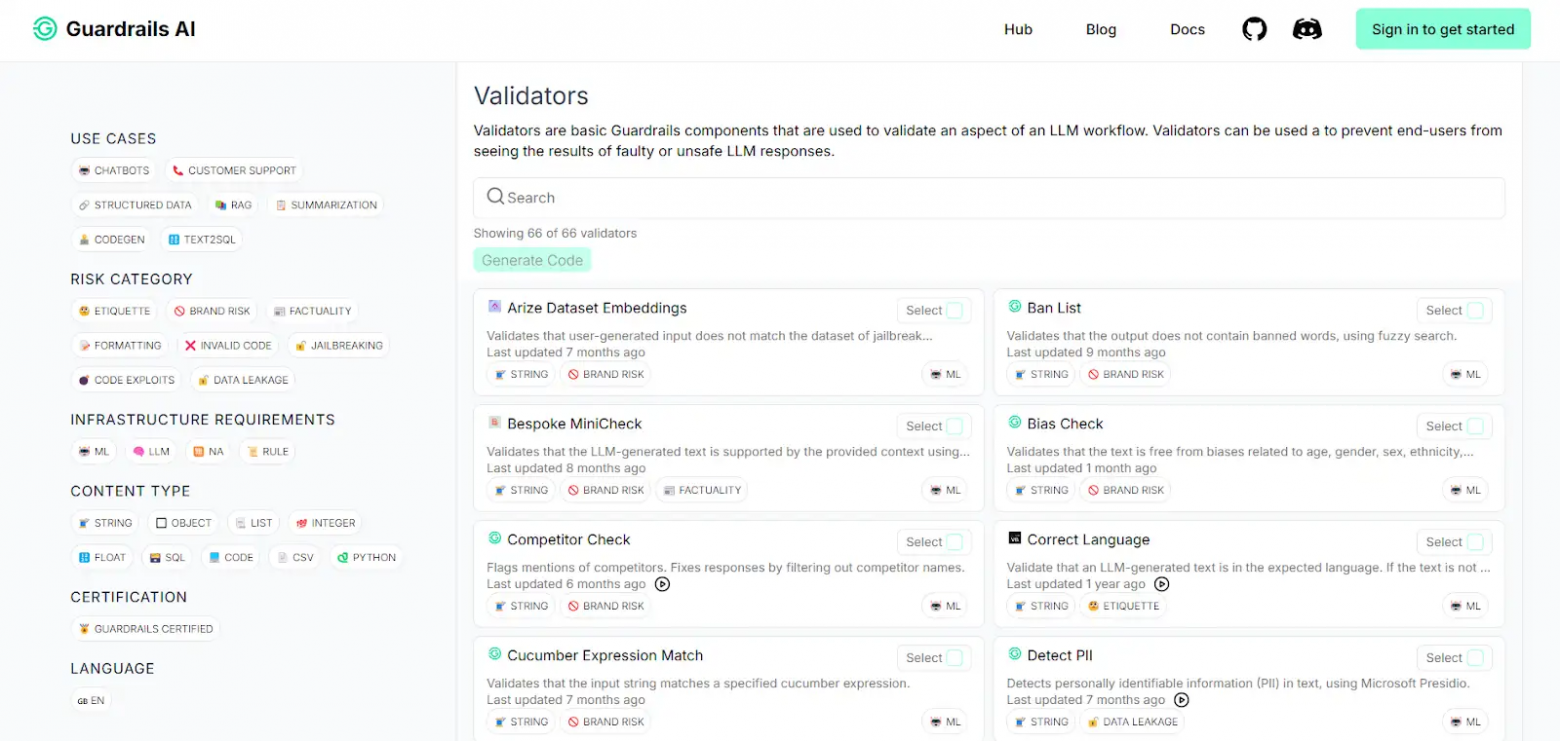 Набор валидаторов для контроля поведения LLM. Источник: Guardrails Hub
