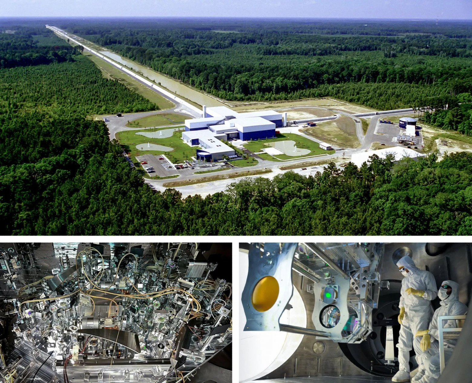 Программное обеспечение на базе ИИ предложило новый план размещения оптических компонентов, который сделал бы гравитационно-волновые детекторы LIGO на 10-15 % чувствительнее. На аэрофотоснимке — детектор в Ливингстоне, Луизиана.