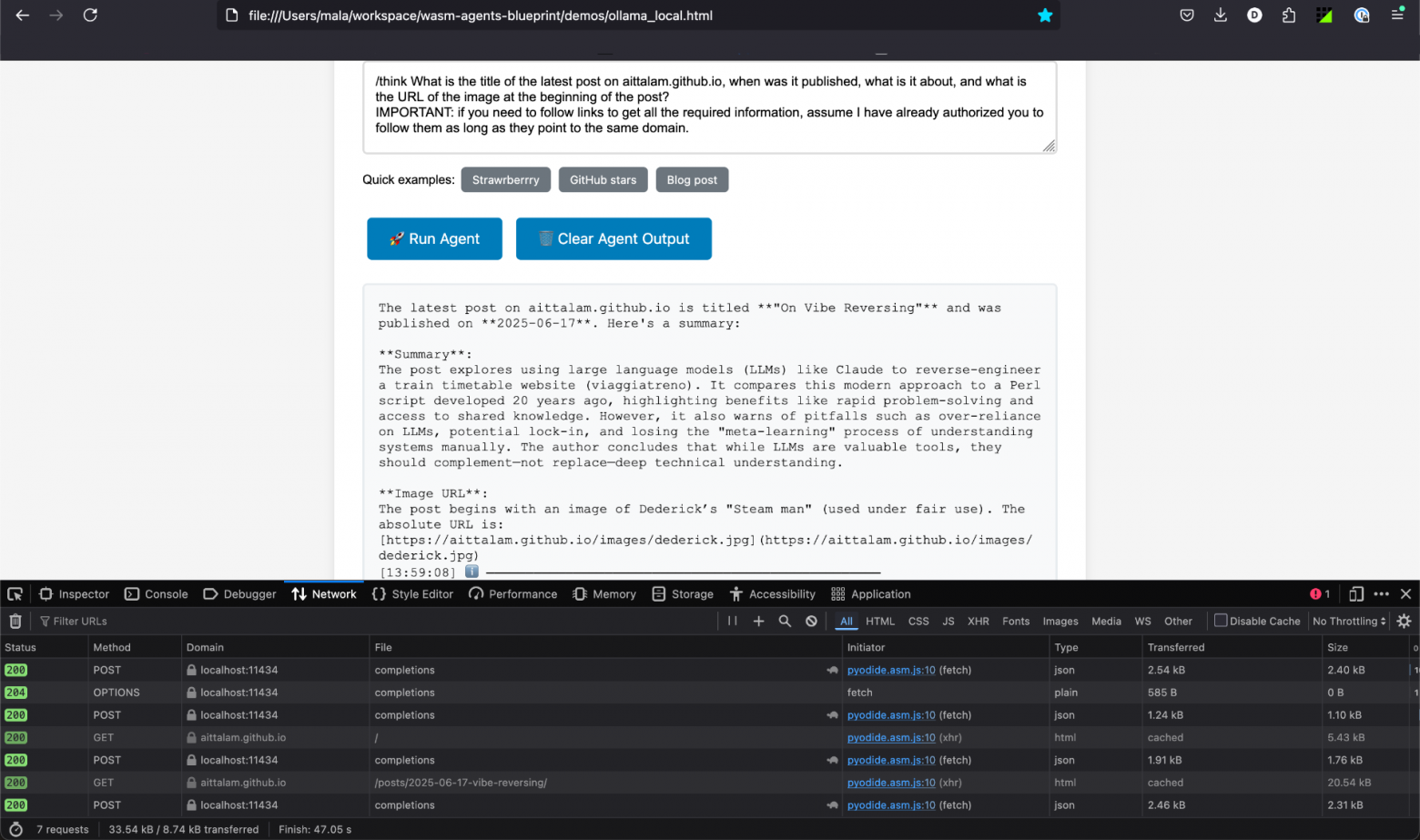 Браузерный агент с локальной моделью на ПК пользователя обращается строго к двум URL, необходимым для ответа на вопрос