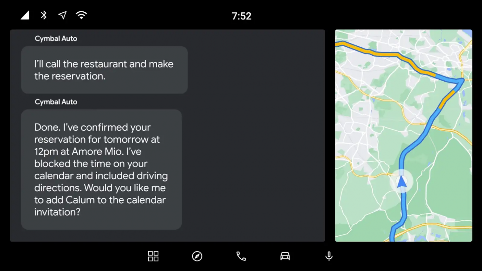 Пример работы автомобильного AI-агента: бронирование столика в ресторане с последующими действиями — резервирование времени в календаре водителя, добавление маршрута в навигацию и приглашение друга. Источник: Google Cloud