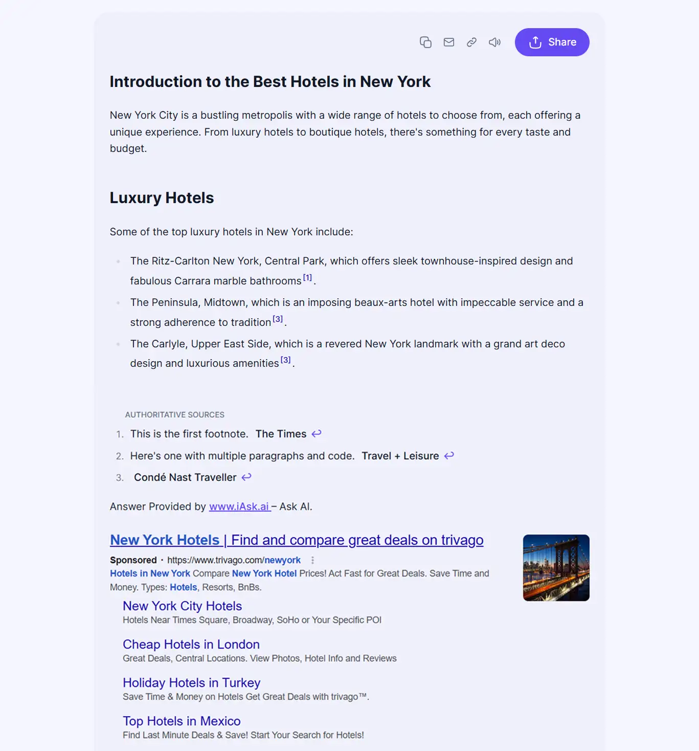 iAsk показывает рекламу OTA после ответа на запрос “Какие отели лучшие в Нью-Йорке?”