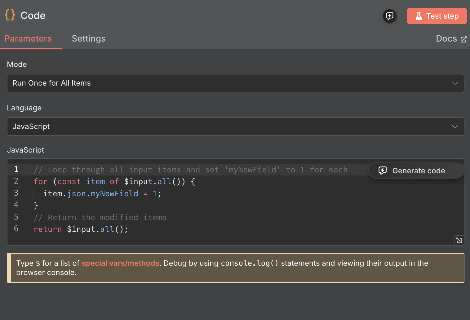 Кнопка Generate code пишет код по запросу  