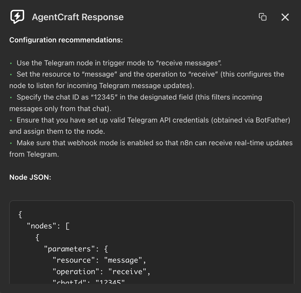 Получаем рекоммендации по настройке и JSON ноды