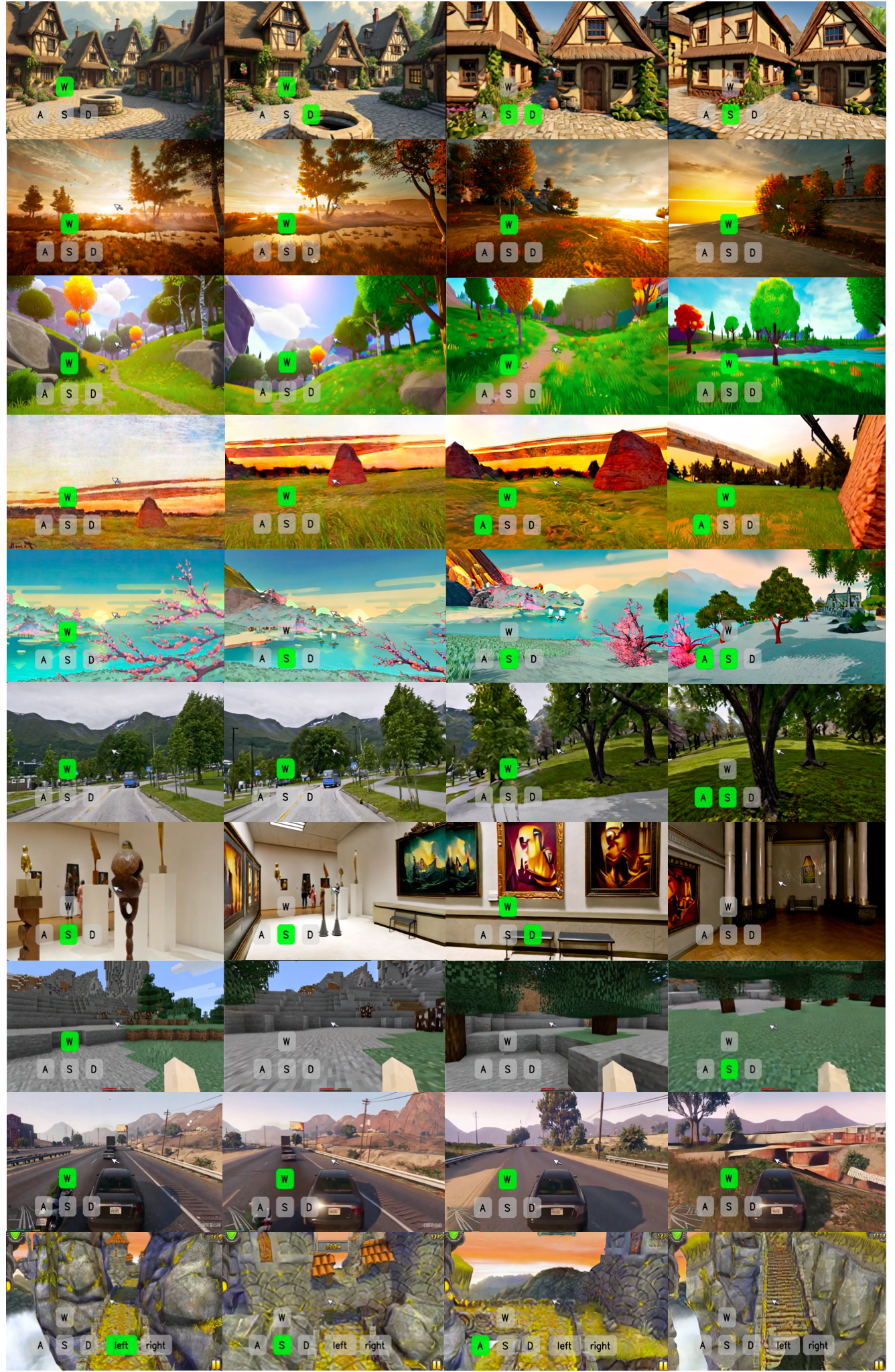 Matrix-Game 2.0 — модель интерактивной генерации видео в реальном времени; благодаря модулям действий и дистилляции в несколько шагов она авторегрессивно создаёт качественные интерактивные видео из входного изображения со скоростью 25 кадров/с. Результаты охватывают различные сцены и стили, демонстрируя её мощные возможности.