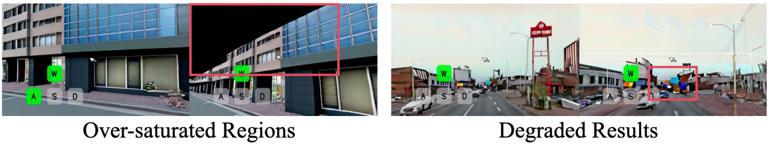 Проблемные случаи. Matrix-Game-V2 иногда не справляется со сценами вне домена, например, выдаёт чрезмерно насыщенные (слева) или ухудшенные (справа) результаты.