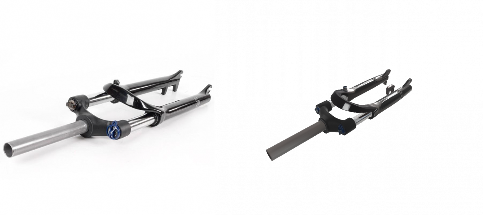 Сверху — исходное изображение вилки, снизу — сеточная модель Rodin с расцветкой