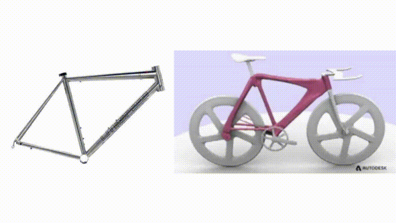 Слева — титановая рама велосипеда Litespeed T1SL весит 995 г, справа — попытки генеративного дизайна сделать лучше. 