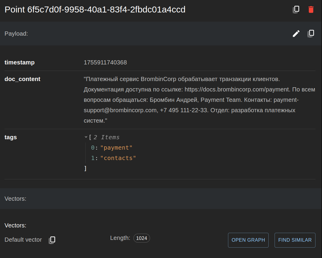 Сохранённый Point и его данные в Qdrant