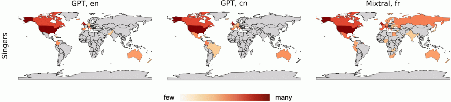 Чем темнее оттенок красного, тем больше из страны исполнителей категории «вокалист». Слева направо: промпт в модель ChatGPT-4 на английском и китайском, промпт в Mixtral-8x7B на французском. arXiv:2501.13720