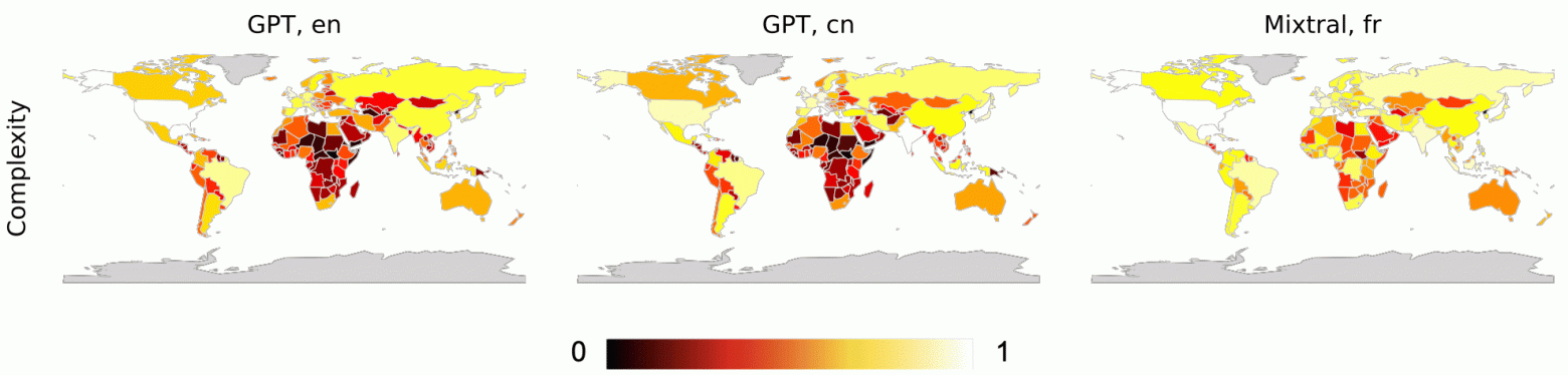 Чем светлее цвет, тем выше оценка критерия «сложность» музыки страны. Слева направо: промпт в модель ChatGPT-4 на английском и китайском, промпт в Mixtral-8x7B на французском. arXiv:2501.13720
